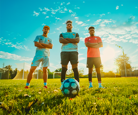 triplete jugadores campo césped soleado